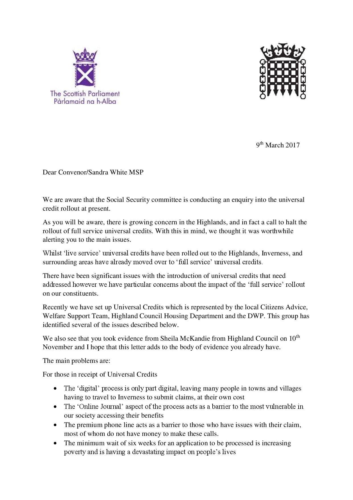 Letter to Minister - Universal Credit - Drew Hendry MP